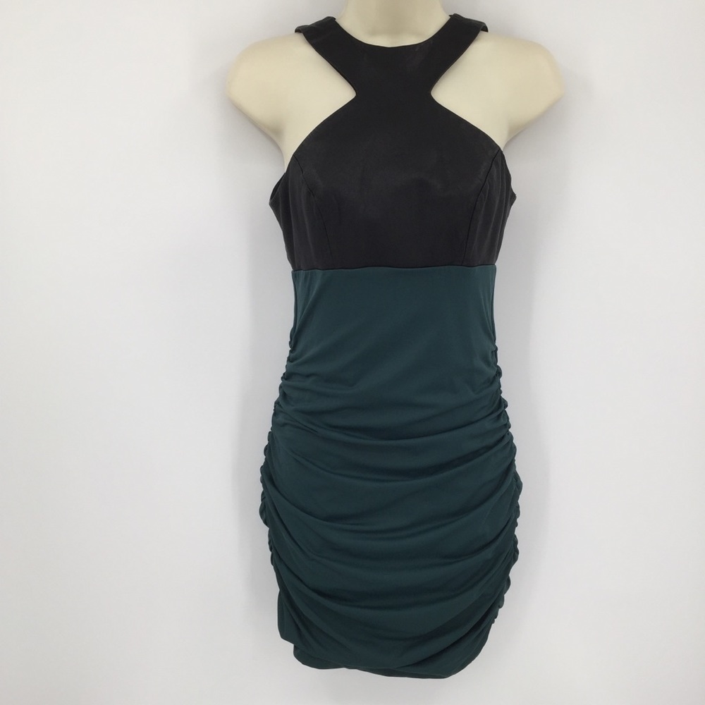La Pina Black Leather Halter Green Jersey Dress Bodycon Ruched Mini Small